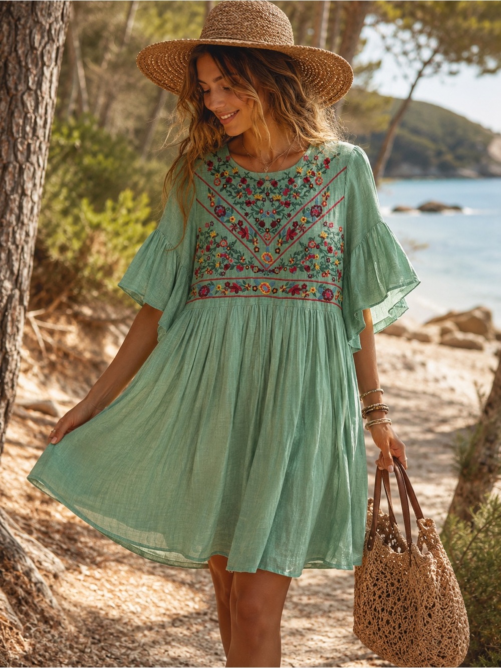 Umgee Sage Green Embroidered Boho Babydoll Dress Size Small Summer Vacation Chic